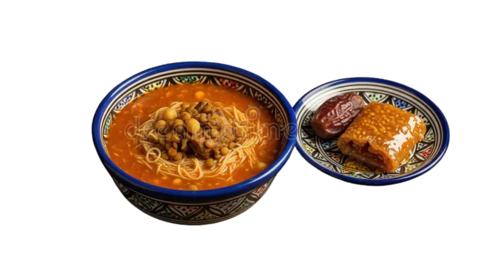 Moroccan soup (Harira) served with dates and chebakia